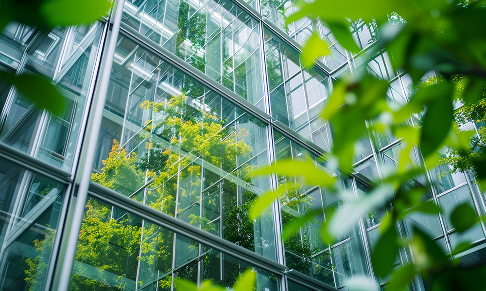 Architecture a modern glass building with a lot of green plants glass office building with crystal clean glass and reflection of green trees