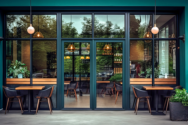 Modern cafe exterior with glass windows, showcasing interior through glass and outdoor seating. restaurant exterior with glass facade and dedicated professional glass cleaning team to maintain sparkle